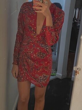 Red Paisley Mini Dress - Women's Long Sleeve fits XS